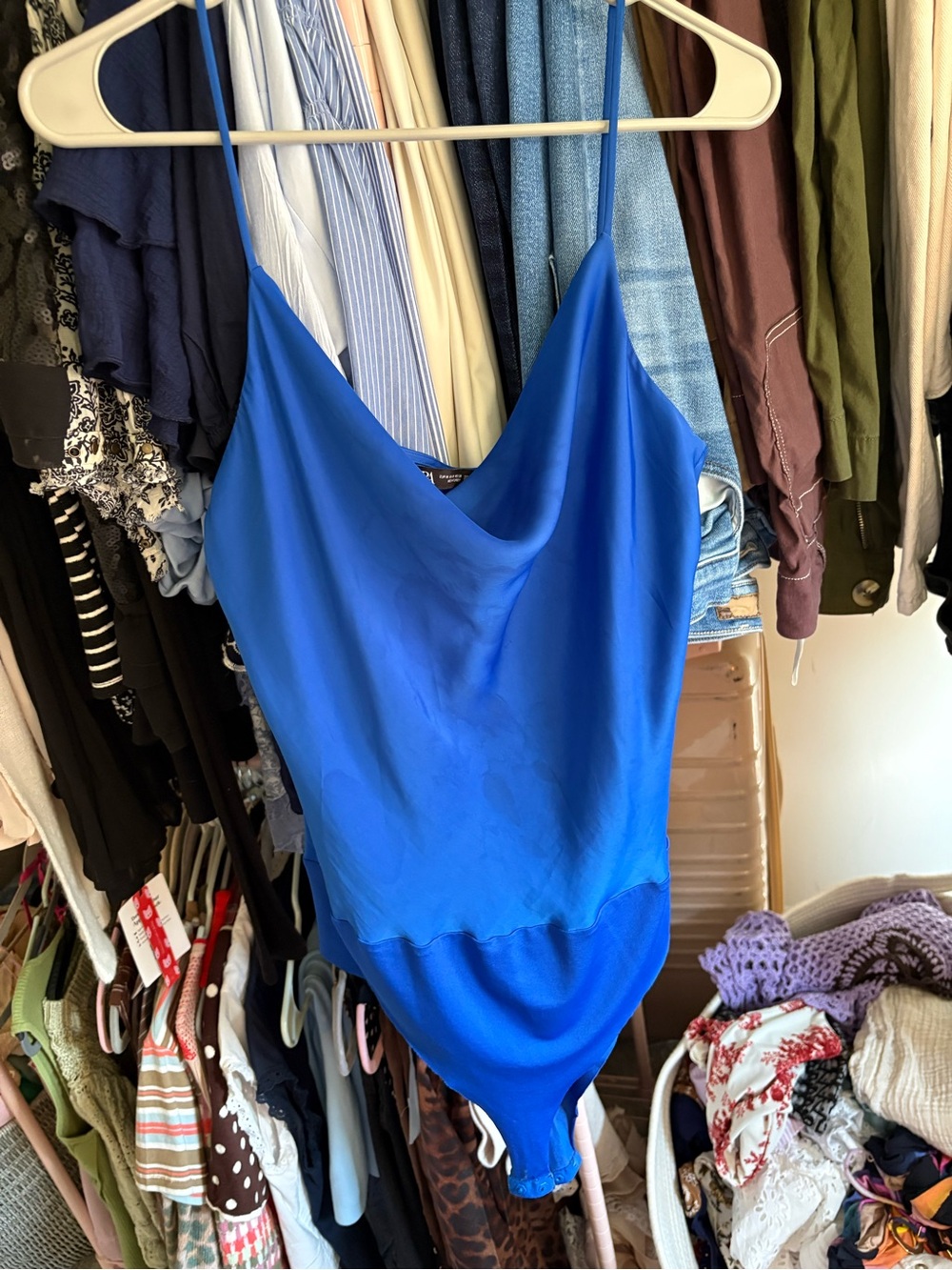 Zara Blue Satin Cowl Neck Bodysuit